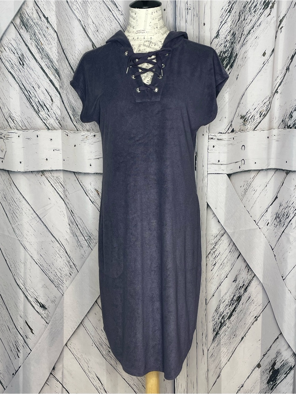 Soma Wknd Hooded Terry Lace-Up Midi Shift Dress in Charcoal Gray size M